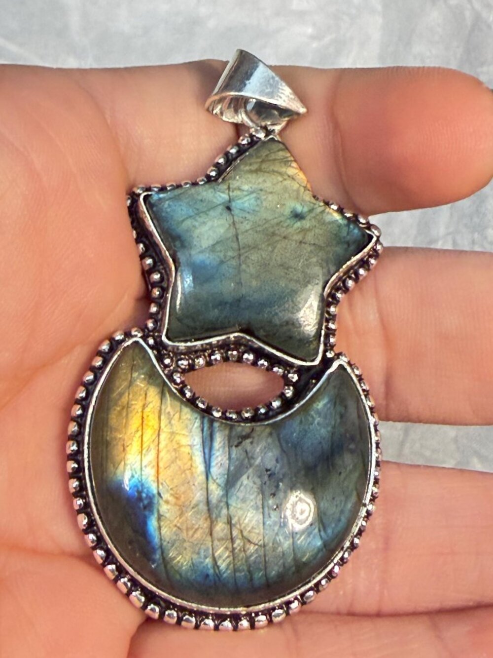 Labradorite Star & Crescent Moon Pendant Natural Gemstone Blue Gold Flash